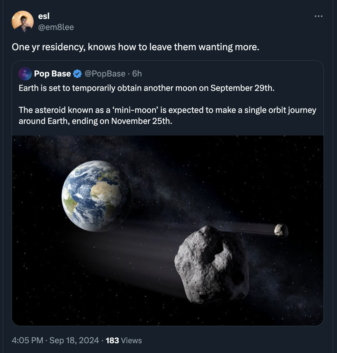 planet killer asteroid 2024 - esl One yr residency, knows how to leave them wanting more. Pop Base 6h Earth is set to temporarily obtain another moon on September 29th. The asteroid known as a 'minimoon' is expected to make a single orbit journey around E